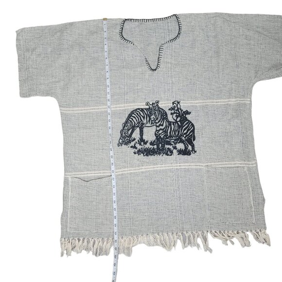 Handwoven Poncho With Zebra Print boho Style Fringe Hem Lightweight Cotton Blend - Picture 2 of 9